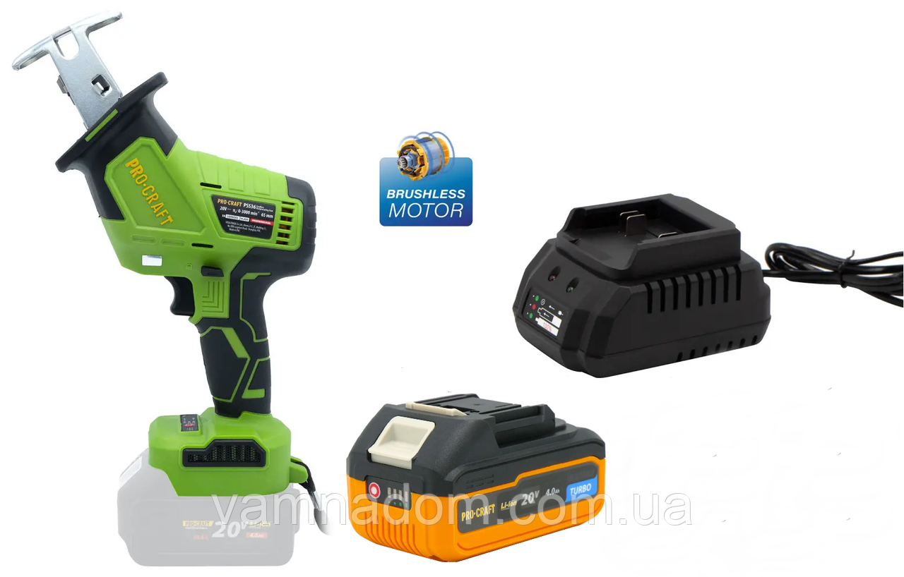 Акумуляторна шабельна пила Procraft PSS36 (Акумулятор Turbo 20 В, 4 А/год і зарядний пристрій), фото 1