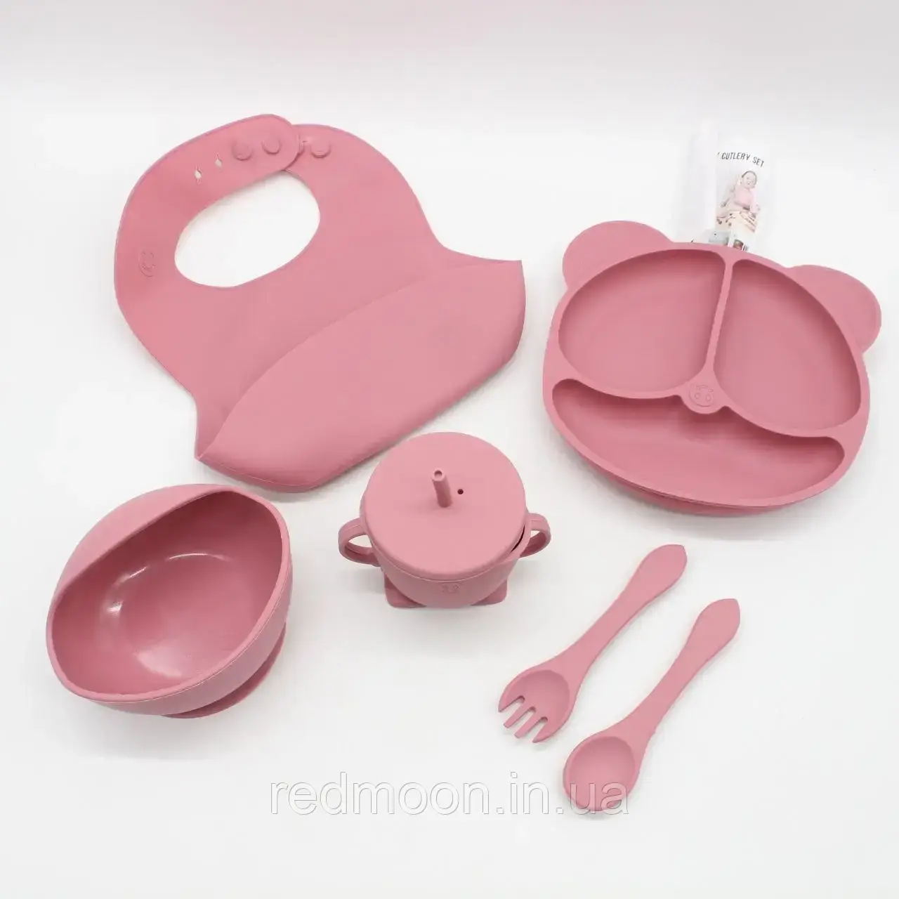 Набір дитячого посуду для годування, 6 предметів, Рожевий / Набір силіконового посуду / Посуд для годування, фото 1