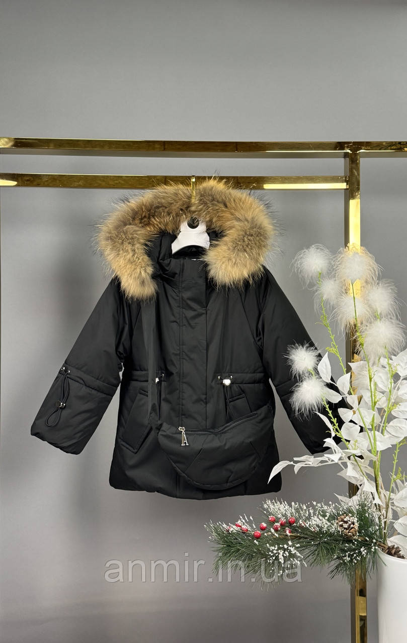 Зимова куртка дитяча з утяжками та сумкою в комплекті для дівчинки 5-9, колір чорний, фото 1