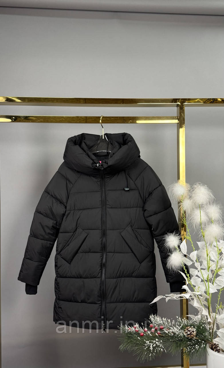 Зимове півпальто підліткове стьобане з капюшоном для дівчинки 7-11, колір чорний