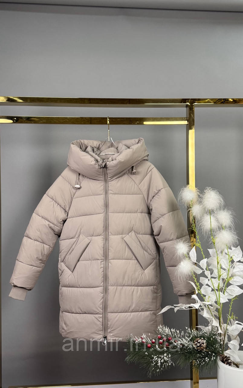 Зимове півпальто підліткове стьобане з капюшоном для дівчинки 7-11, колір бежевий