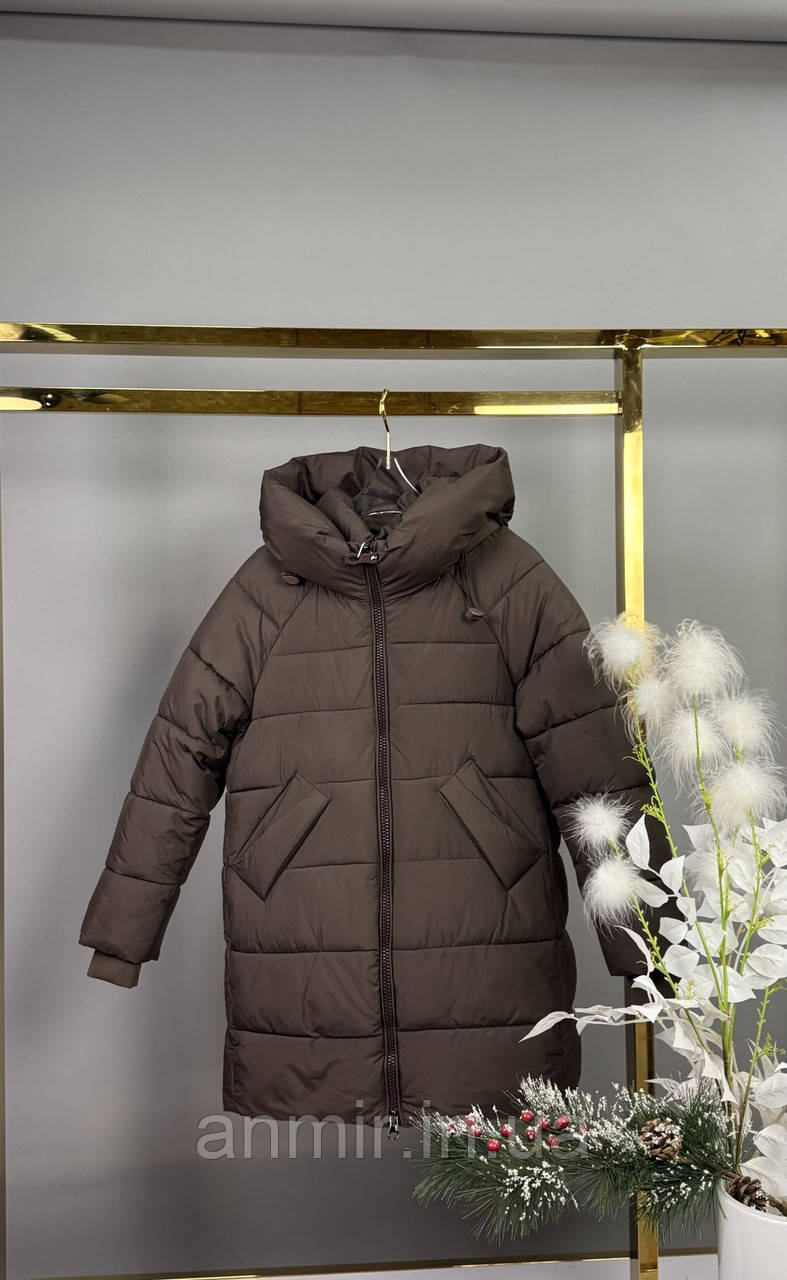 Зимове півпальто підліткове стьобане з капюшоном для дівчинки 7-11, колір шоколад