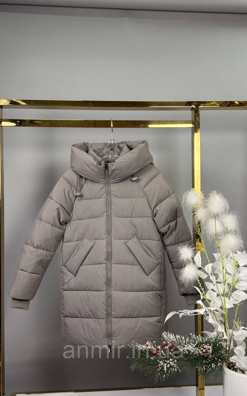 Зимове півпальто підліткове стьобане з капюшоном для дівчинки 7-11, колір сірий