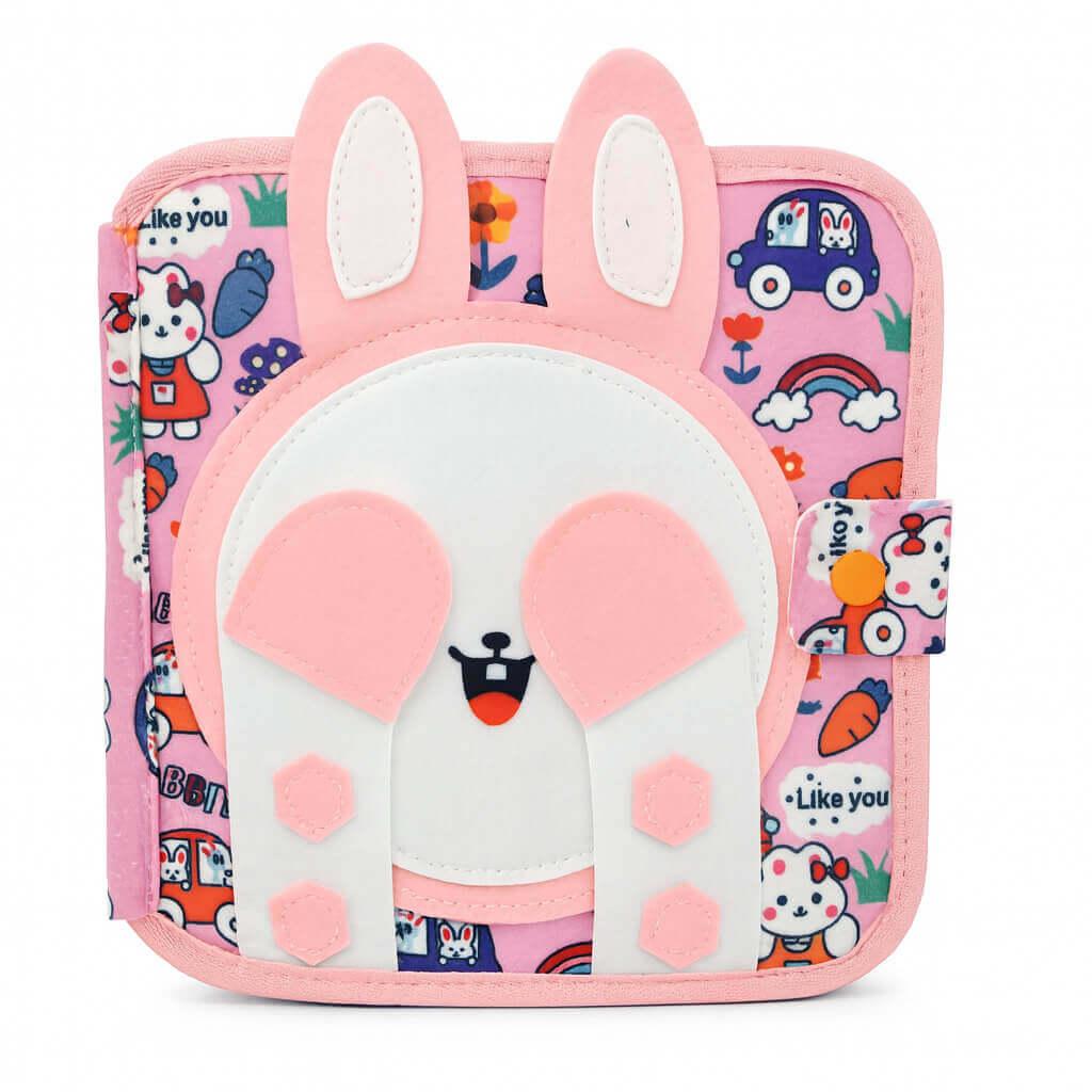 М’яка книжка-бізіборд з фетру C74034 — розвивальна книга-іграшка із зайчиком, сортер кольорів, липучки, пискавка, 20×20 см, фото 1