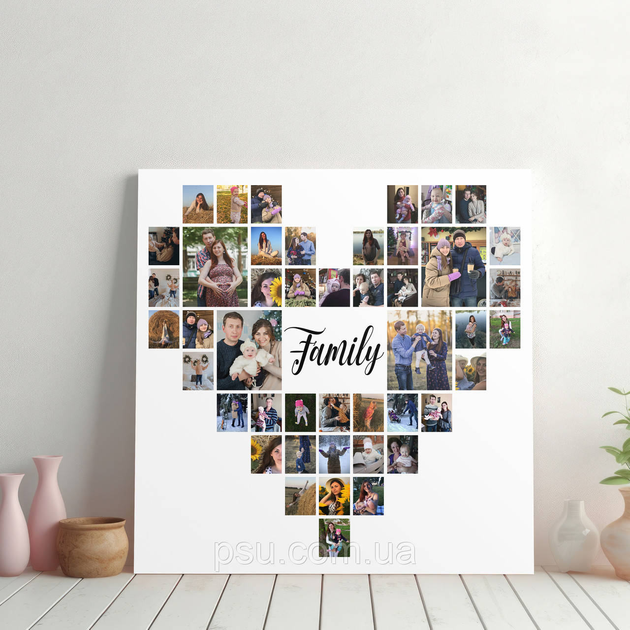 Колаж з фото на натуральному холсті "Серце Family" на 45 фото, фото 1
