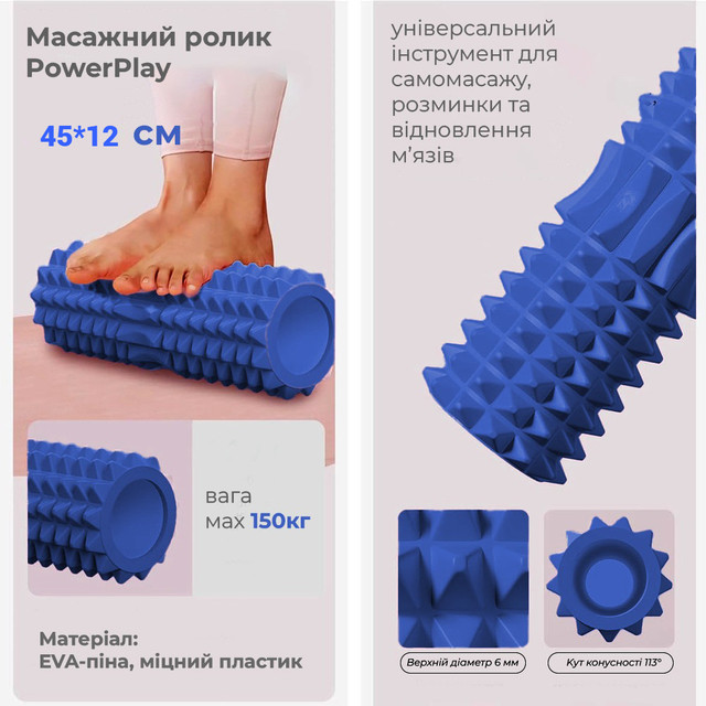 Масажний ролик (роллер) PowerPlay 4406 EVA Massage Roller Синій (45x12см.) 4 6884792878 w640 h2048 zavantazhennya 3 fotor 20251016144529