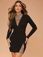 Женское чёрное короткое платье с сеточку в зоне декольте и на ноге