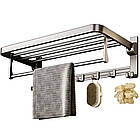 Настінна полиця відкидна з поперечиною та гачками для рушників пряма для ванної на стіну, фото 6