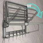 Настінна полиця відкидна з поперечиною та гачками для рушників пряма для ванної на стіну, фото 3