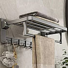 Настінна полиця відкидна з поперечиною та гачками для рушників пряма для ванної на стіну, фото 2