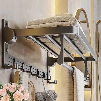 Настінна полиця відкидна з поперечиною та гачками для рушників пряма для ванної на стіну