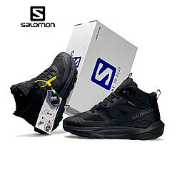 Чоловічі зимові на хутрі кросівки Salomon Elixir Activ Fur All Black, черевики текстиль водонепрон. чорні. Чоловіче взуття