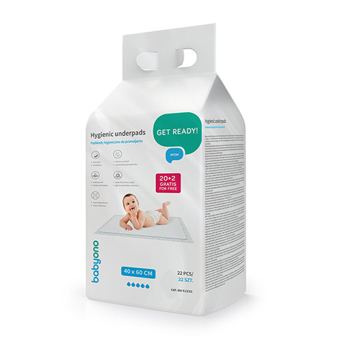 Одноразові поглинаючі пелюшки Babyono 40х60 см (20 шт. + 2 шт. у подарунок) для догляду, фото 1