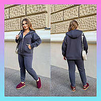 Жіночий теплий спортивний костюм батал на флісі графітовий