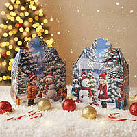 Подарункова новорічна коробка з картону для цукерок і солодощів 1000 г №193 "Діти зі сніговиком" новорічна упаковка