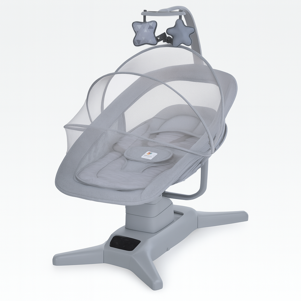 Заколисуючий центр-шезлонг з таймером, Bluetooth, музикою та москітною сіткою, сірий, фото 1