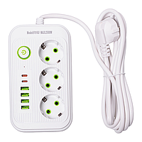 Мережевий фільтр кабель 2,7 м подовжувач F16 на 3 розетки 4 usb 2 type-c та кнопкою відключення Білий HP-5-19