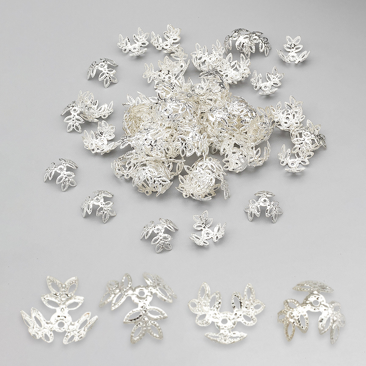 Шапочки для Бусин Залізні, Квітка, Колір: Срібло, Розмір: 13х4мм, Отвори 1.2 мм, 100 шт, фото 1