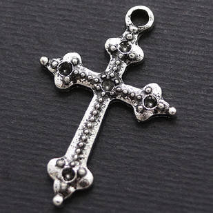 Кулон-Сеттинг Хрест під стрази, Метал, Античне Срібло, 33х22х2мм, Отвір 2 мм, 20 шт