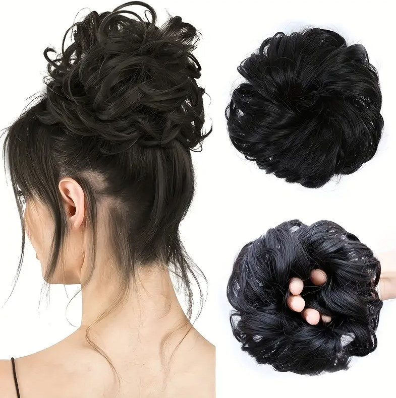 Резинка-шиньйон для волосся – чорний обʼємний пучок термоволокно, фото 1