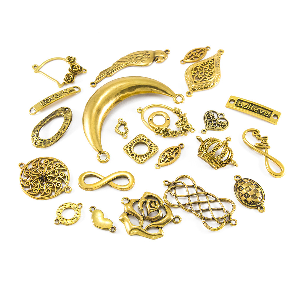 Конектор Біжутерний сплав, Мікс, Колір: Античне Золото, Розмір: 7~42x24~40x1 ~ 3 мм, Отвір 2~8 мм, 100 г, фото 1