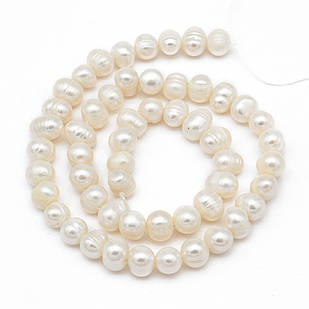 Перли Натуральний Пресноводний Клас В Овальний, Слонова кістка, 7~8 мм, Отвір 0.8 мм, майже, 1 нить