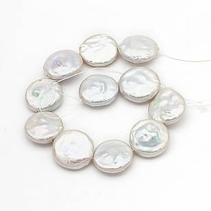 Перли Натуральний Прісноводний Кеші, Круглий, Плоский, Білий, 14-16х5-7мм, Отвір 0.5мм, ~ 12шт/17см/нитка