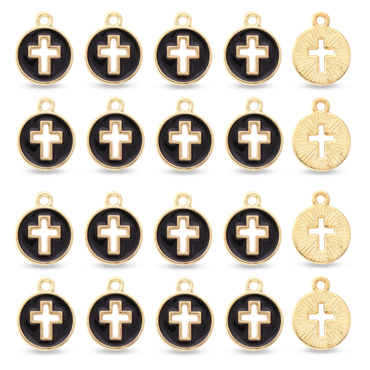 Підвіски, сплав і Емаль, Плоскі Круглі з Хрестом, Чорна Емаль, Світле Золото, 15х12х1.2мм, 20 шт, фото 1