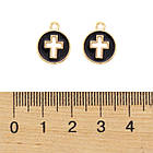 Підвіски, сплав і Емаль, Плоскі Круглі з Хрестом, Чорна Емаль, Світле Золото, 15х12х1.2мм, 20 шт, фото 3