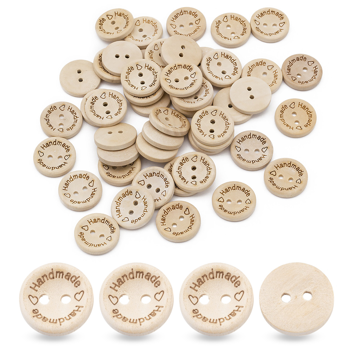 Ґудзики Дерев'яні, 2-отвори, Круглі, зі словом Ручна робота, Handmade, Колір: Бежевий, 50 шт, фото 1
