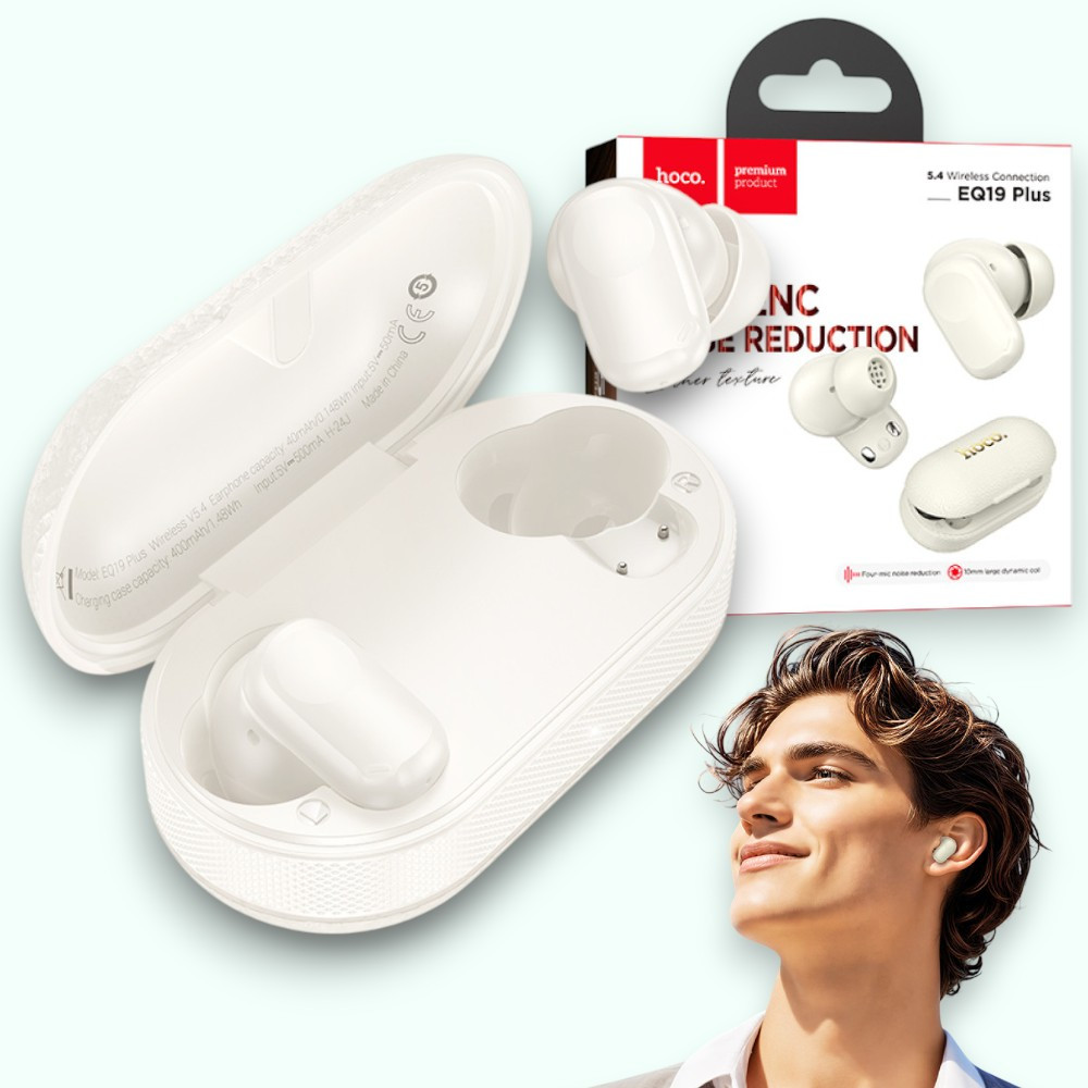Бездротові Bluetooth навушники AirPods Hoco EQ19 Plus навушники для телефону сенсорне керування, компактний кейс, бежеві, фото 1