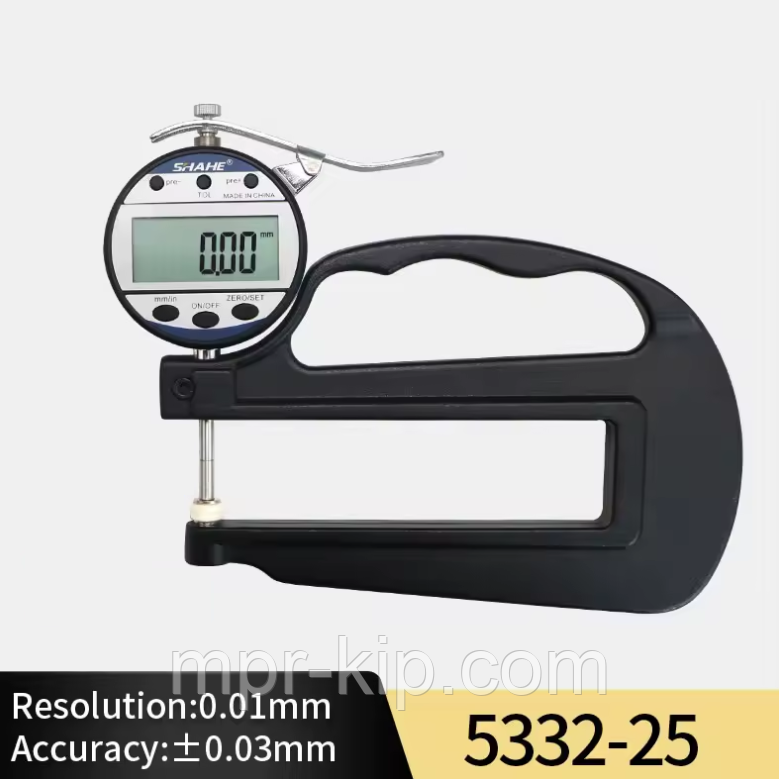 Товщиномір цифровий Shahe 5332-25 для паперу, тканини, поліетилену, діапазон 0-25 мм, дискретність 0,01 мм, фото 1
