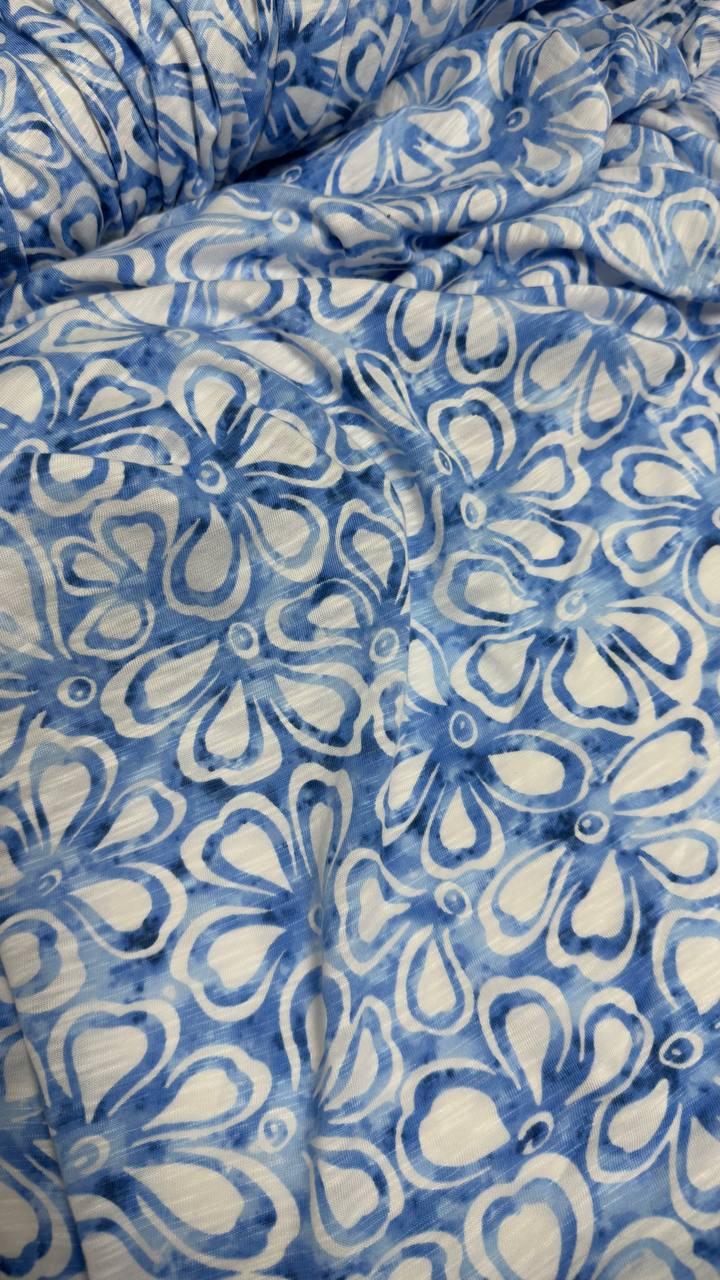 Стрейч кулір слуб, блакитні квіти, фото 1