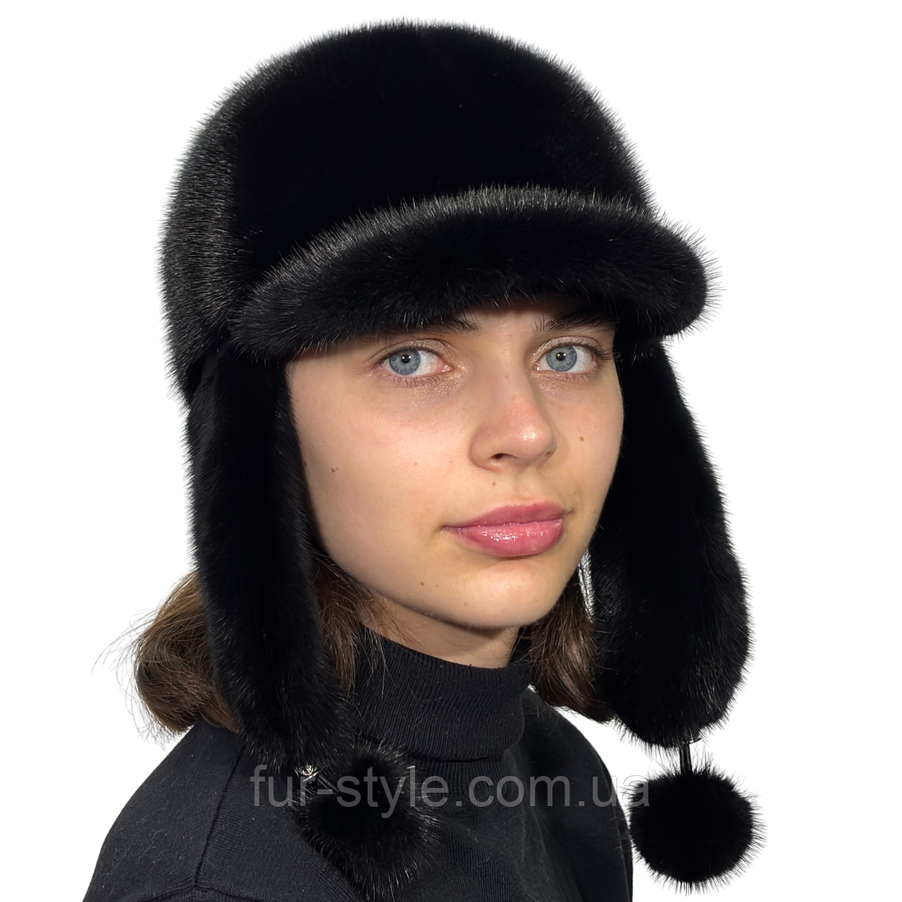 Жіноча норкова хутряна шапка вушанка з козирком, фото 1