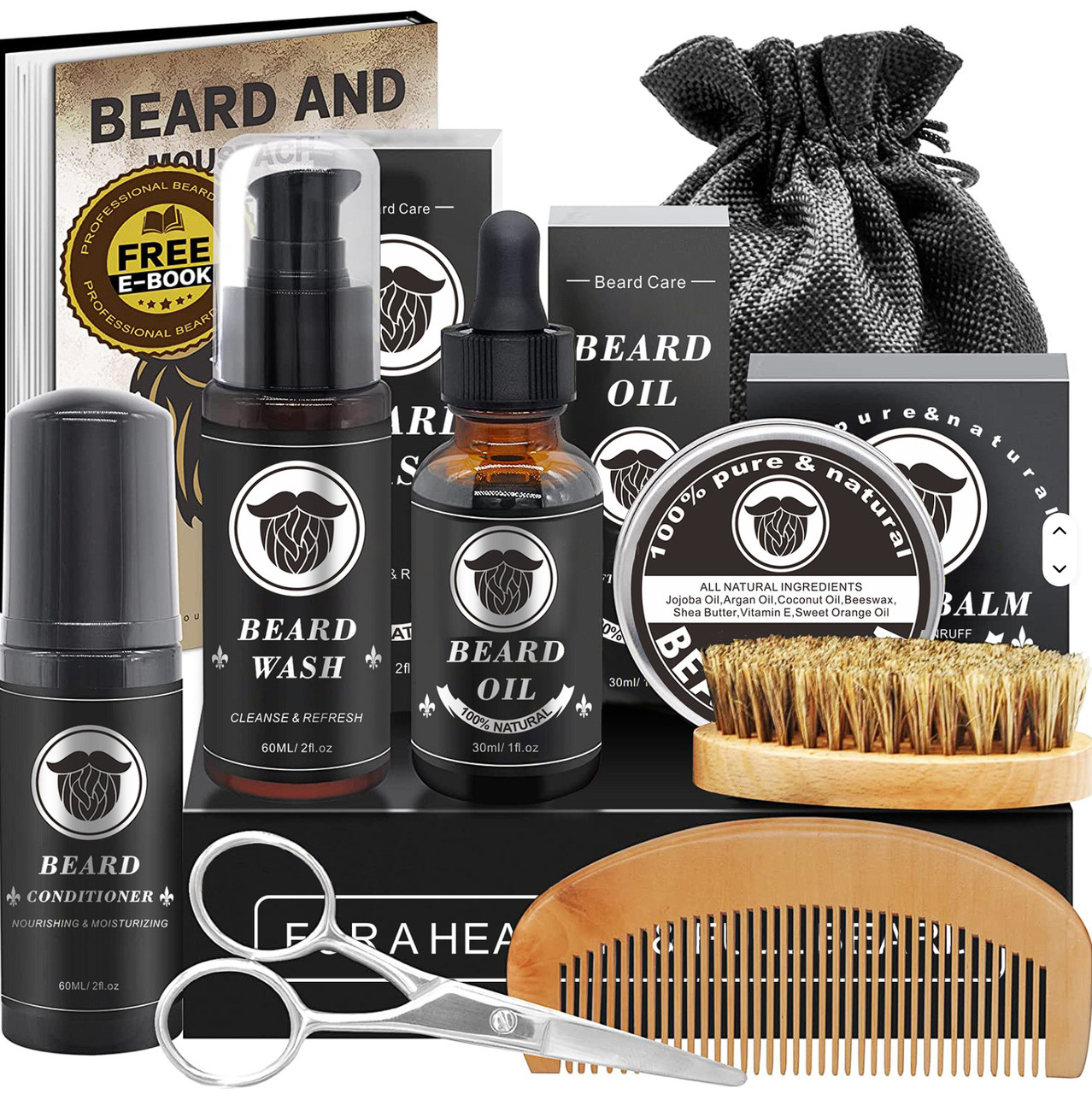 Набір для догляду та зростання бороди Beard, шампунь, олія, бальзам, кондиціонер, щітка, гребінець, ножиці та ролик Ідеальний пода, фото 1