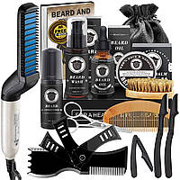 Для догляду та зростання бороди Beard 12+, шампунь, олія, бальзам, кондиціонер, щітка, гребінець, ножиці ролик, формувач та плойка