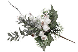 Гілка з хвої, білих перламутрових ягід, з кристалом і срібним покриттям 25 см BonaDi 903-557