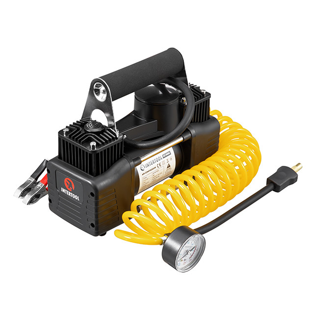 Компресор автомобільний 12 В, 25 А, циліндр 2х30 мм, макс. 10 бар, шланг 0.25 м + PU 4.5 м, кабель живлення 3 м INTERTOOL, фото 1