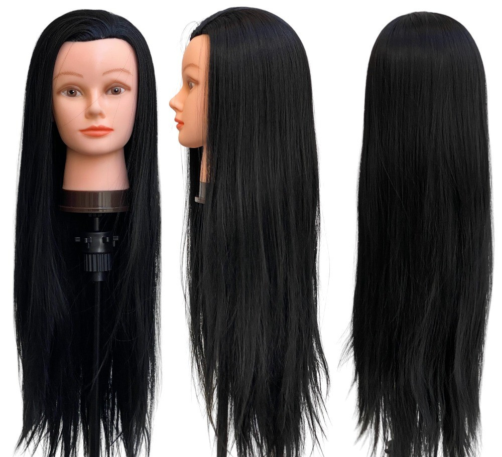 Тренувальний манекен для перукаря - голова манекен для стрижки, укладання, плетіння, завивки 40% натур.волос чорний гофре 1B, фото 1