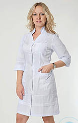 Жіночий медичний халат білого кольору з коміром-стійкою (з 40 по 56 р)