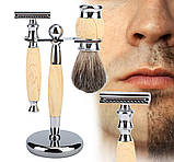 Класичний чоловічий набір для гоління Gentleman бамбукова рукоятка, металева бритва, помазок та підставка, подарунок, фото 3