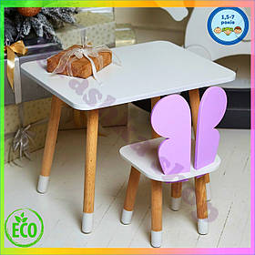 Дитячий столик та стільчик для дівчинки фіолетовий з білим метелик 46х60х45 см 26х26х24 см меблі для дітей 1 5 7 років
