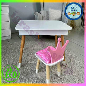 Дитячий столик з підйомним верхом і стілець білий корона з рожевим для дітей від одного року з ящиком для зберігання