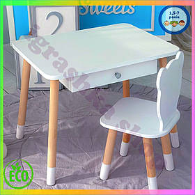 Дитячий столик зі стільчиком ведмедик білий з ящиком для зберігання іграшок та канцелярії для дітей 1 5 до 7 років