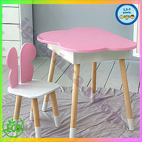 Дитячий столик хмарка з нішою та стільчик метелик рожевий для дітей від 1 5 до 7 років меблі для ігор та навчання