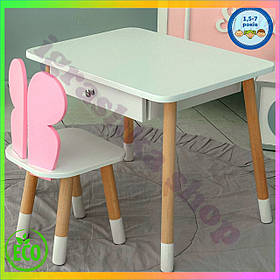 Столик дитячий з ящиком та стілець метелик для дівчинки рожевий та білий меблі для кімнати дитини 1 5 7 років