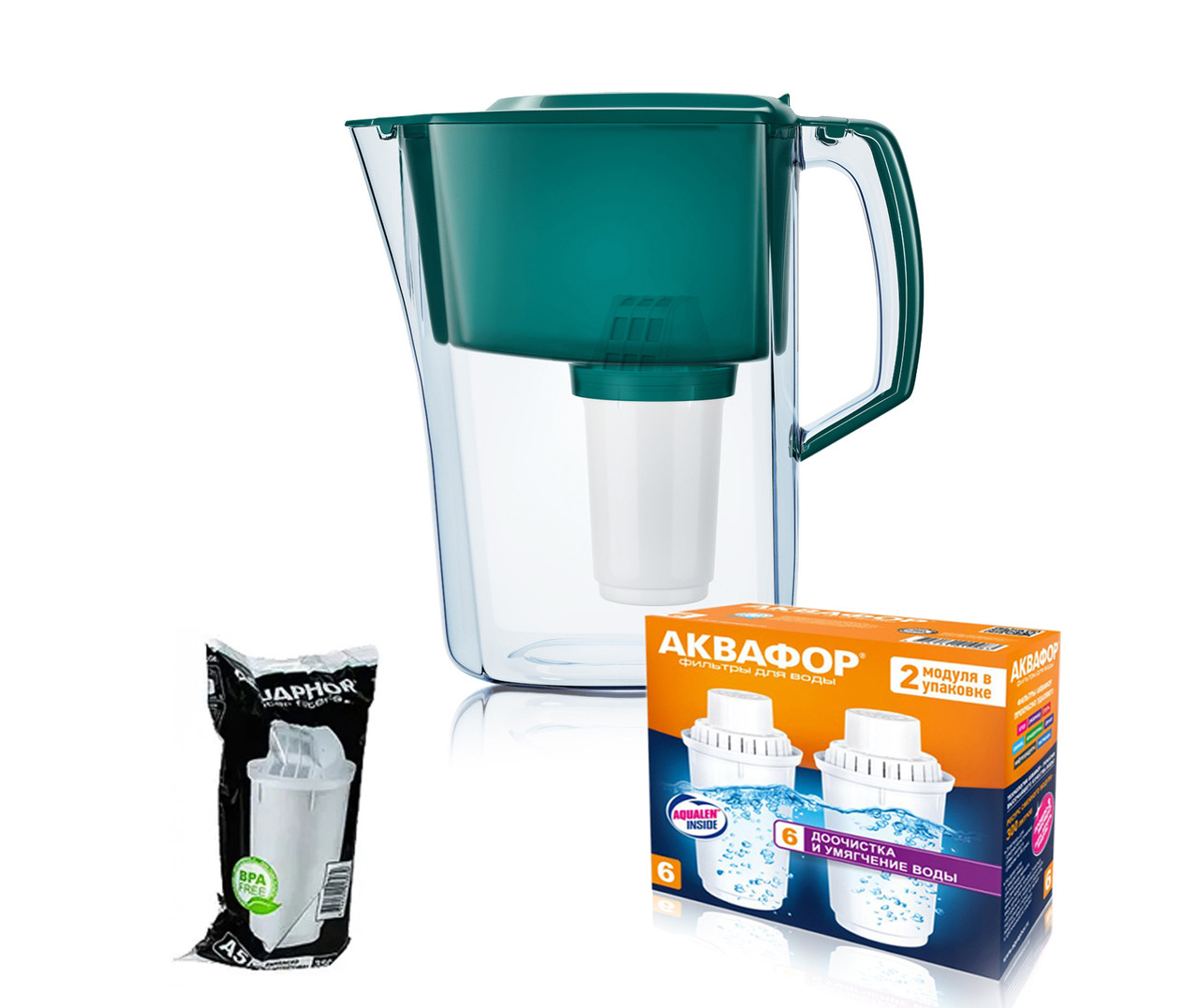 Фільтр-глечик Аквафор Атлант смарагдовий 4л з 3 картриджами (А5+В6 2шт), фото 1