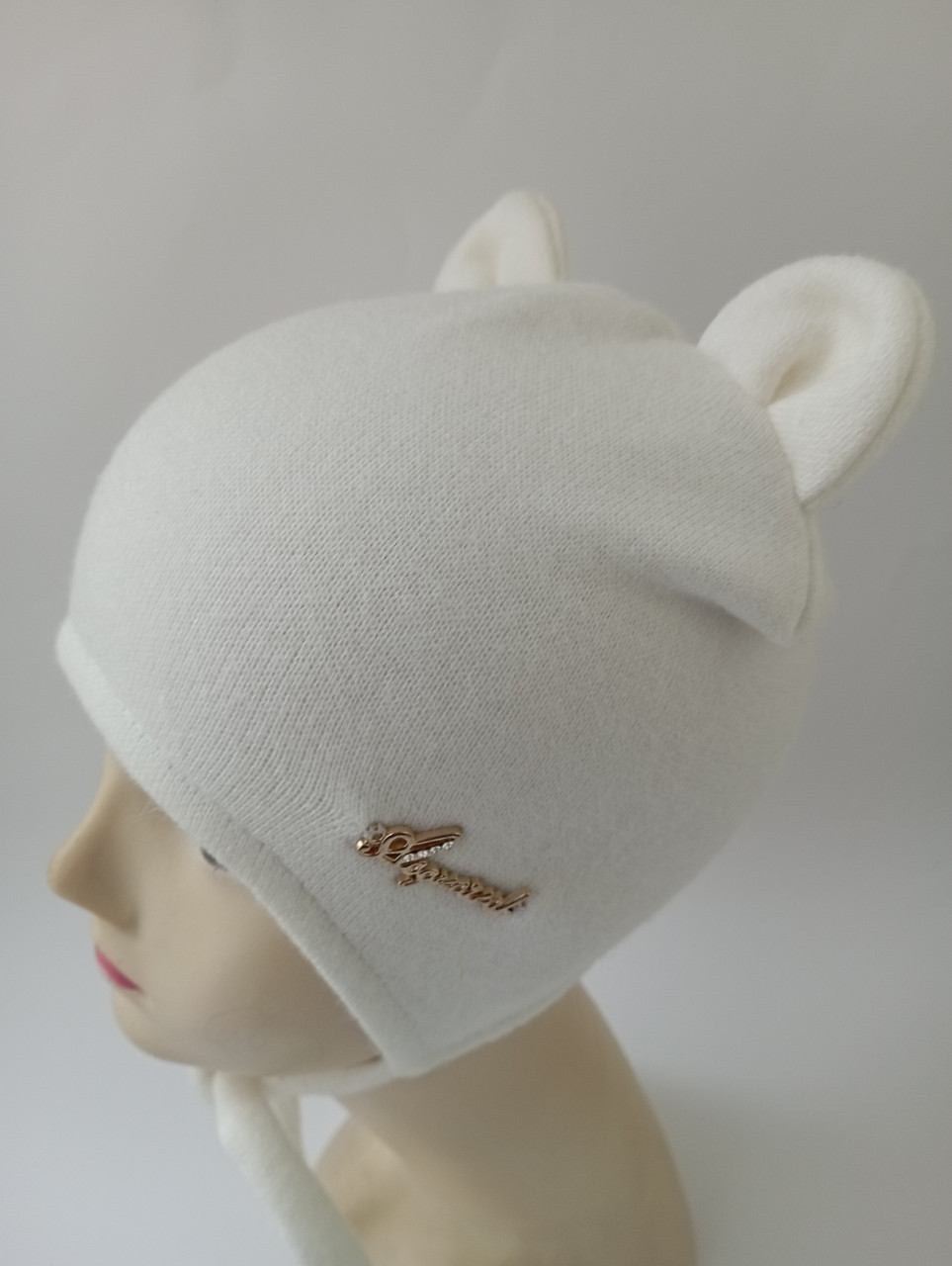 Шапка демісезонна дитяча на зав'язках для дівчинки, ОГ 46 - 48, біла ангора, фото 1