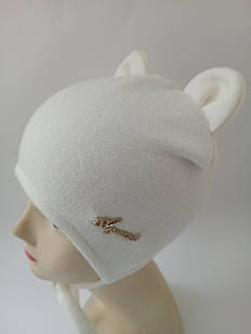 Шапка демісезонна дитяча на зав'язках для дівчинки, ОГ 46 - 48, біла ангора