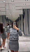 Демисезонный женский костюм жакет с пуговицами и юбка из шерстяной трикотажной ткани в клетку размеры 42-46